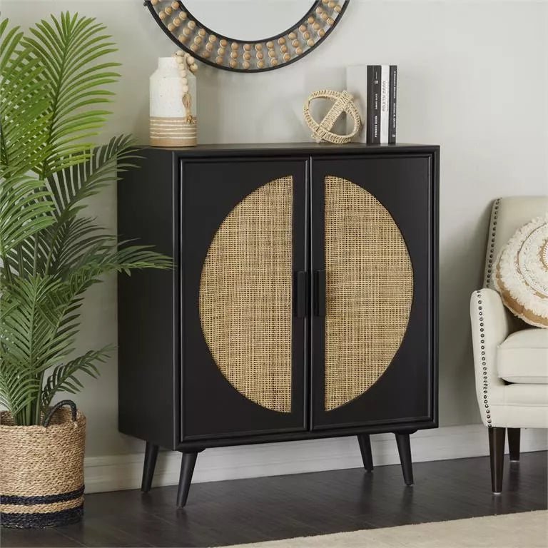 Black Wood and Cane Geometric Cabinet