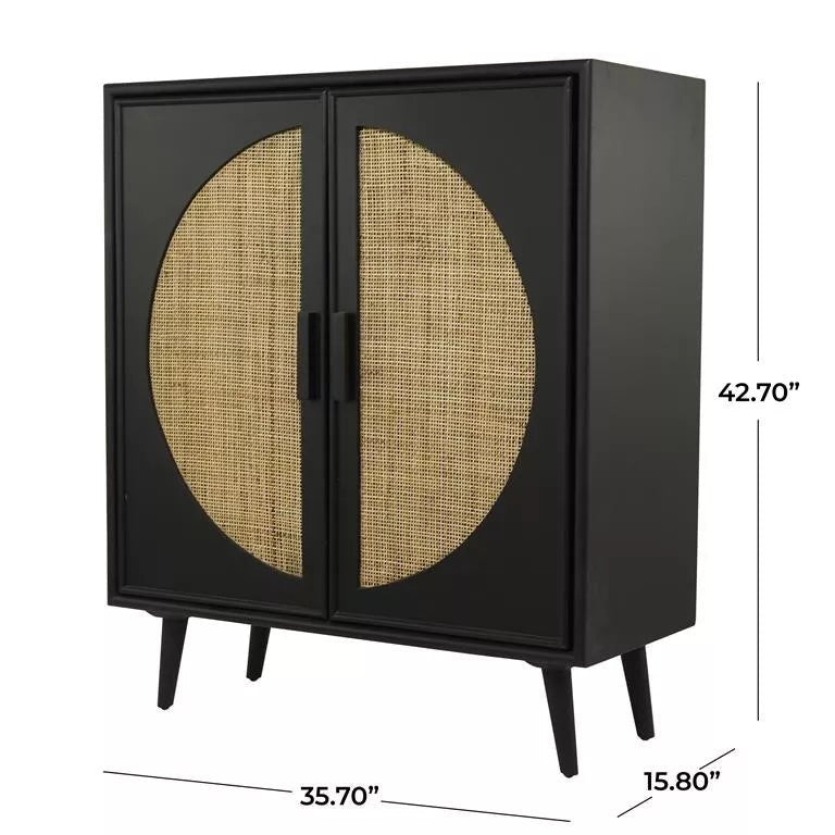 Black Wood and Cane Geometric Cabinet