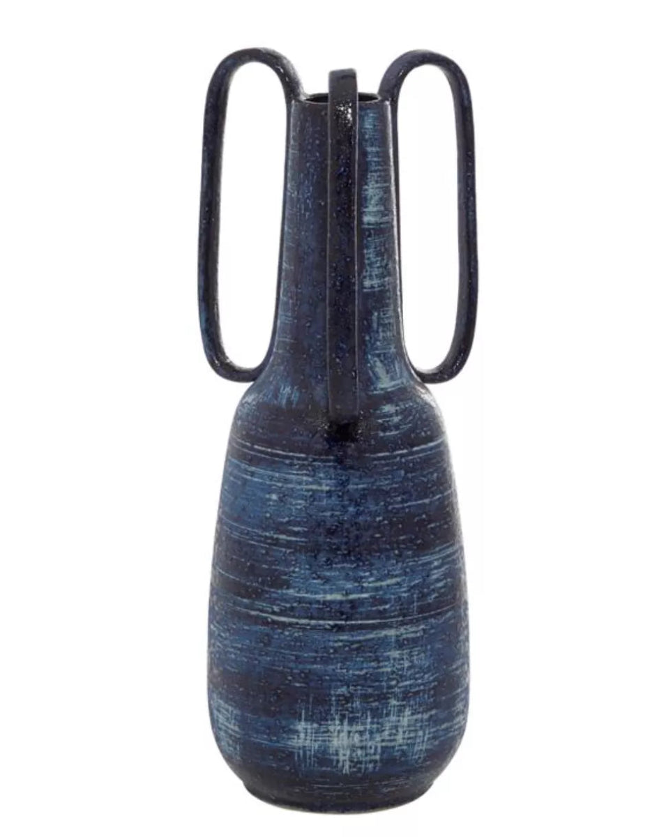 Blue Ceramic Vase with Handles (7"x7"x17")