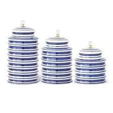 Blue & White Canisters w/ Crystal Knob Set of 3