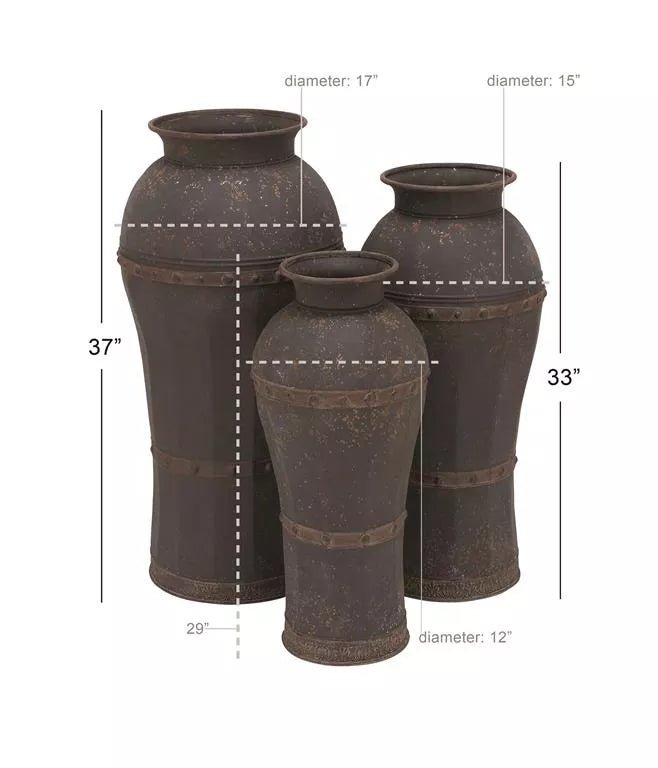 Brown Metal Distressed Vase with Rivet Details, Set of 3