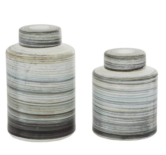 Ceramic Grey Striped Jars, Set of 2