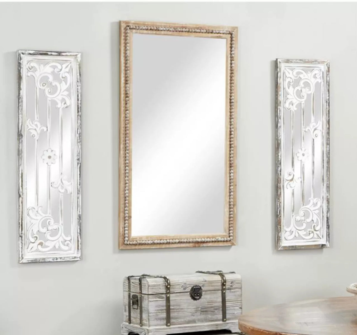 Distressed Wooden Wall Mirror with Beaded Detailing, 28" x 48"