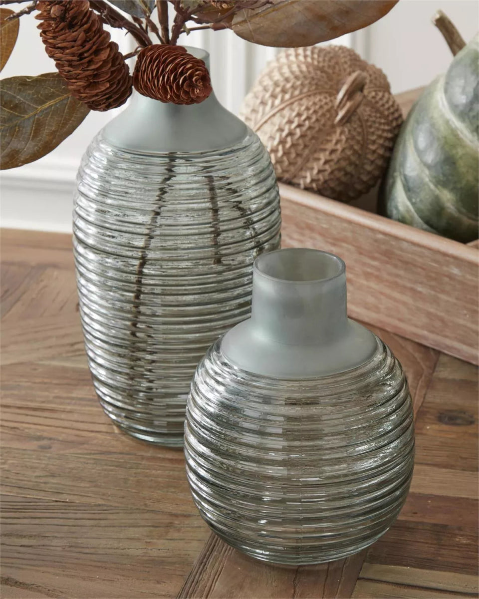 Frosted Sage Green Ribbed Bottle Neck Vases