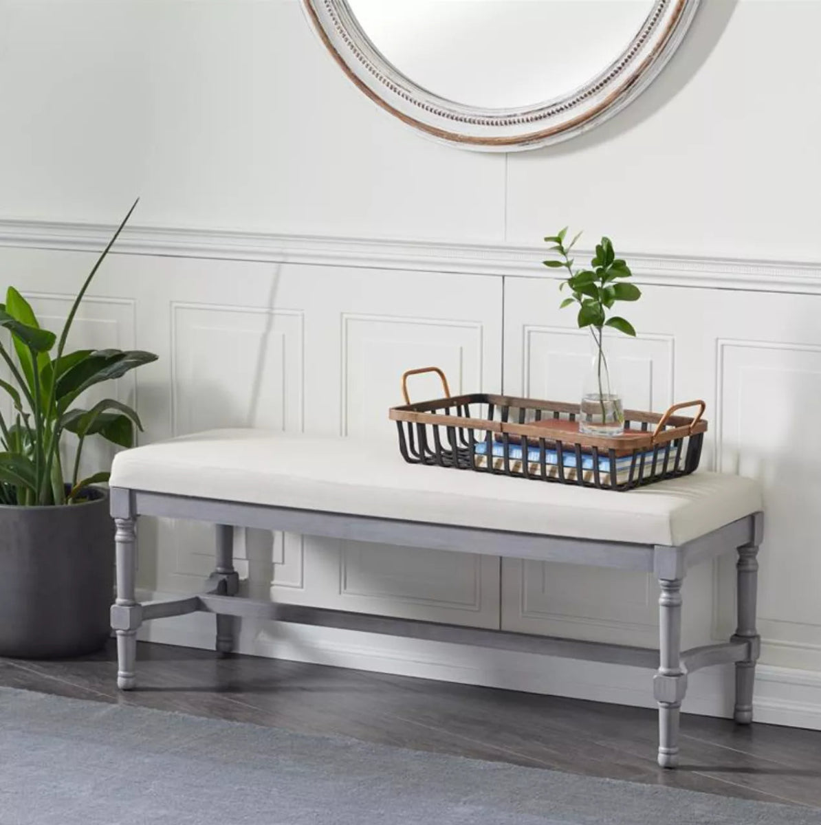 Grey Wooden Bench with Linen Seat