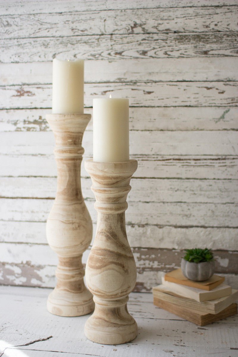 Hand-Carved Wooden Candle Stands Set of 2