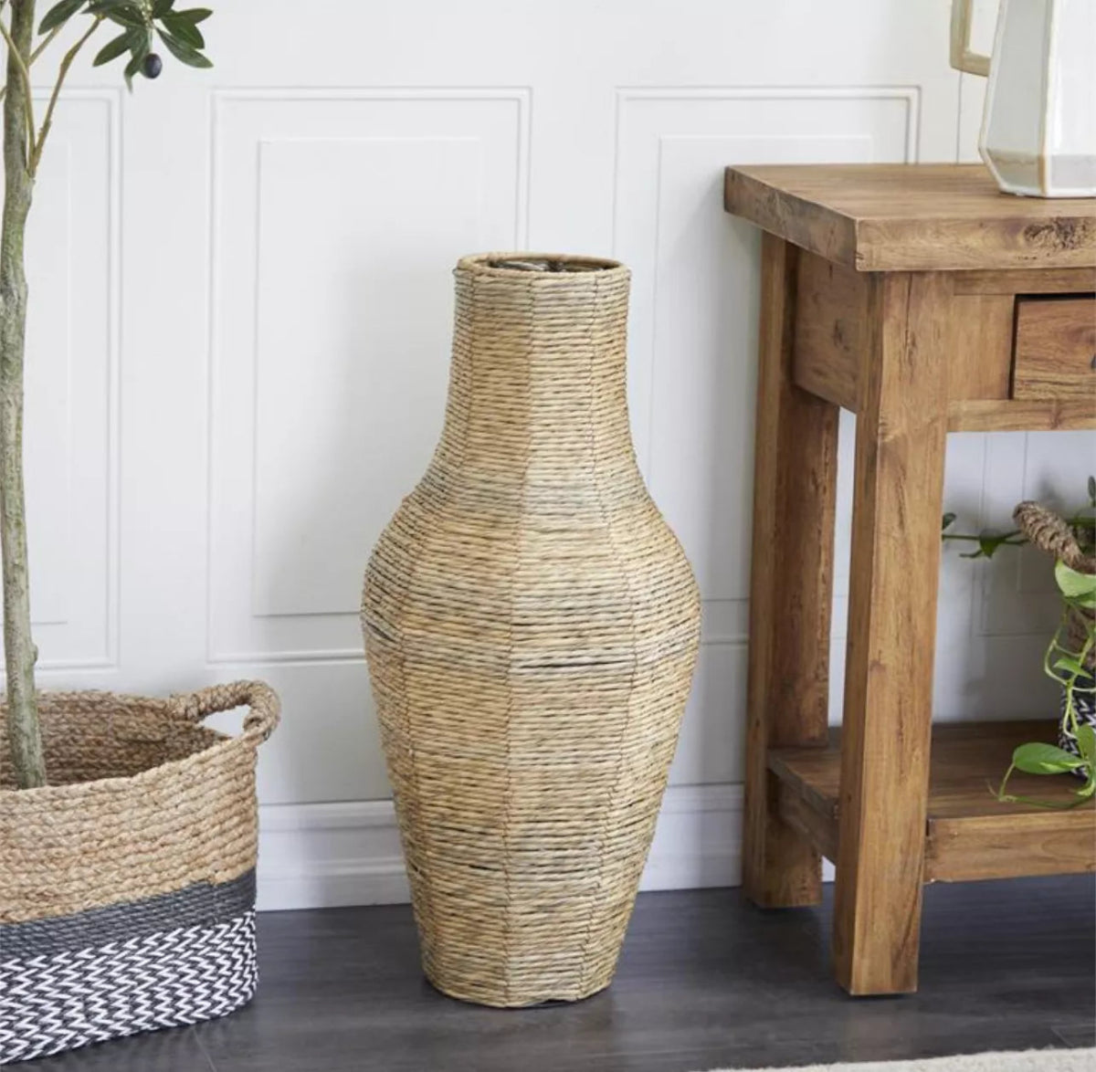 Handmade Faux Seagrass Woven Floor Vase, Tall