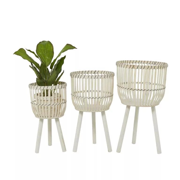 Handmade White Bamboo Planter, Set of 3