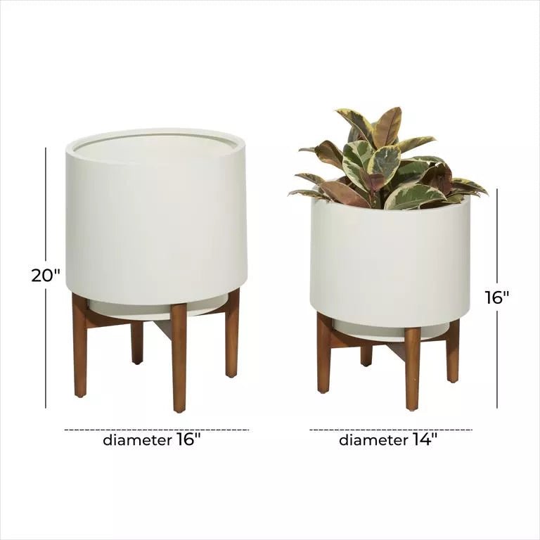 Indoor/Outdoor White Metal Planter with Removable Wood Stand, Set of 2