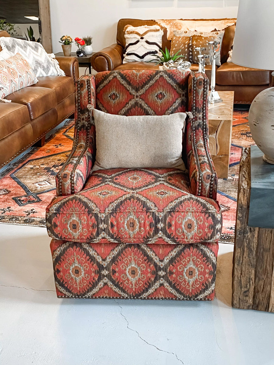 Red Orange Gold Aztec Print Nailhead Swivel Accent Arm Chair