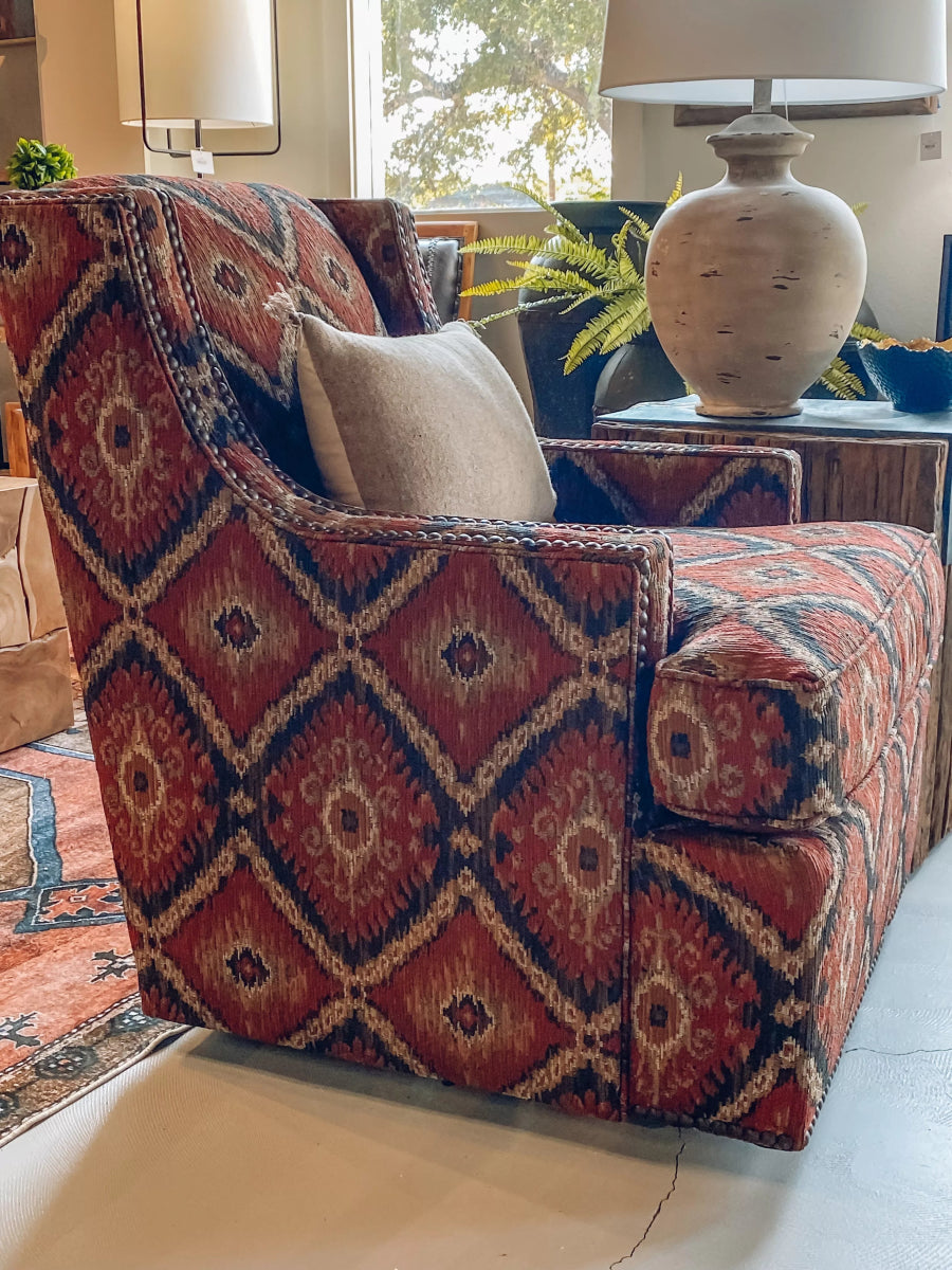 Red Orange Gold Aztec Print Nailhead Swivel Accent Arm Chair