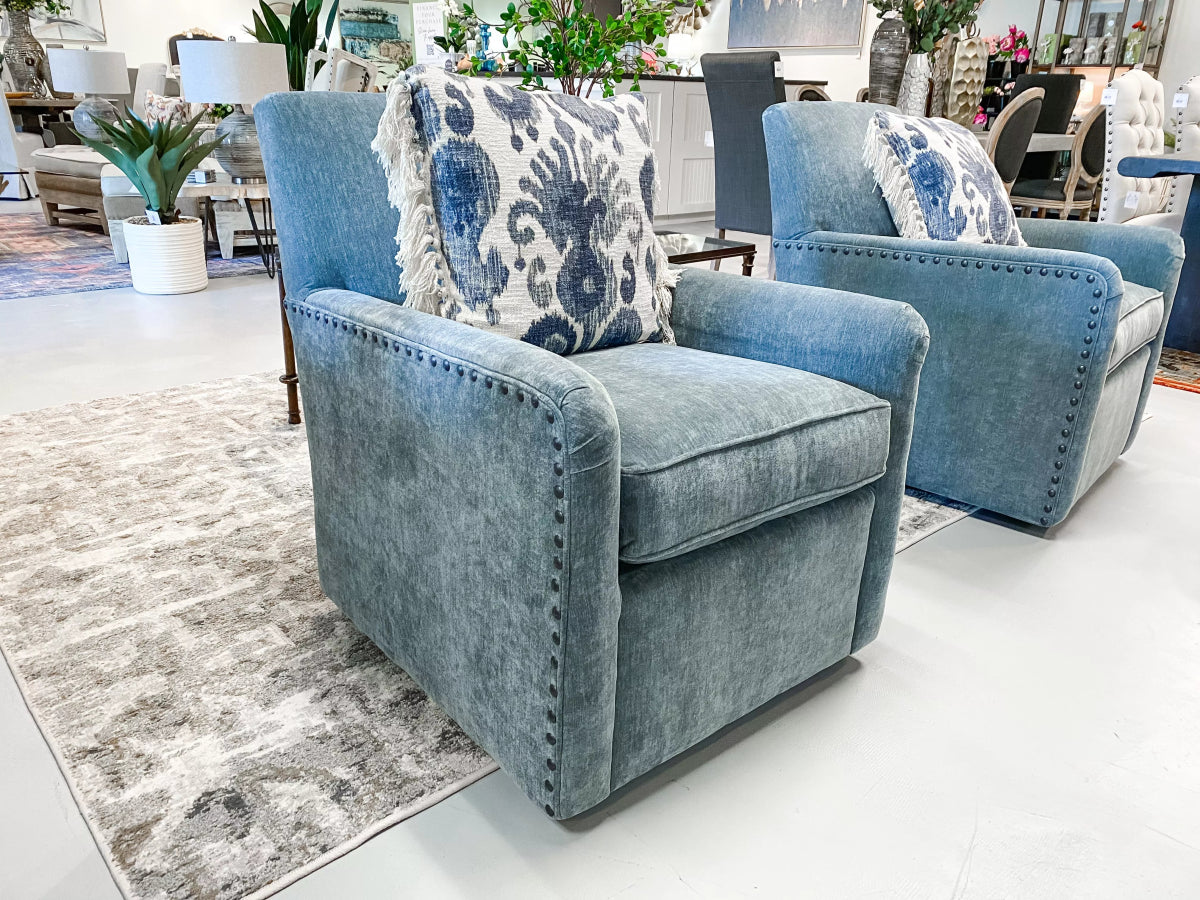 Stone Blue Nailhead Swivel Accent Arm Chair