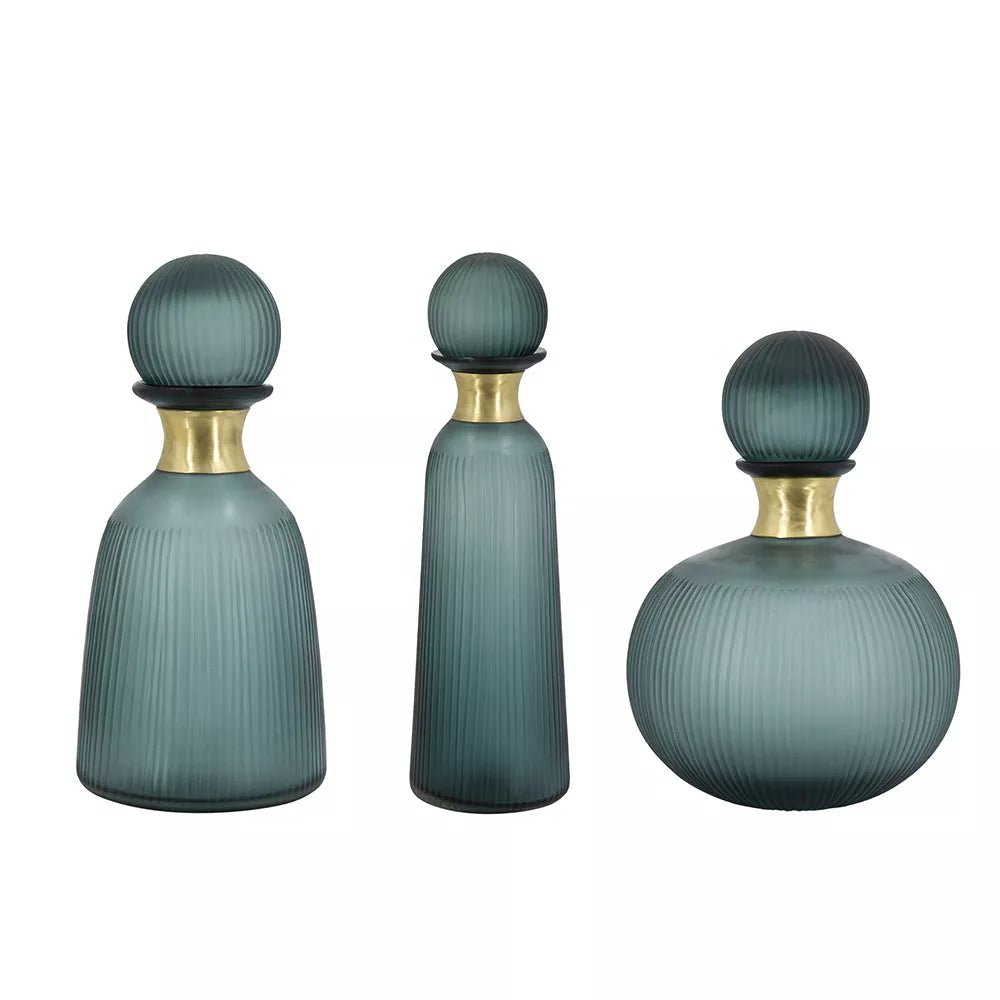 Teal Glass Vases Set with Gold Accents