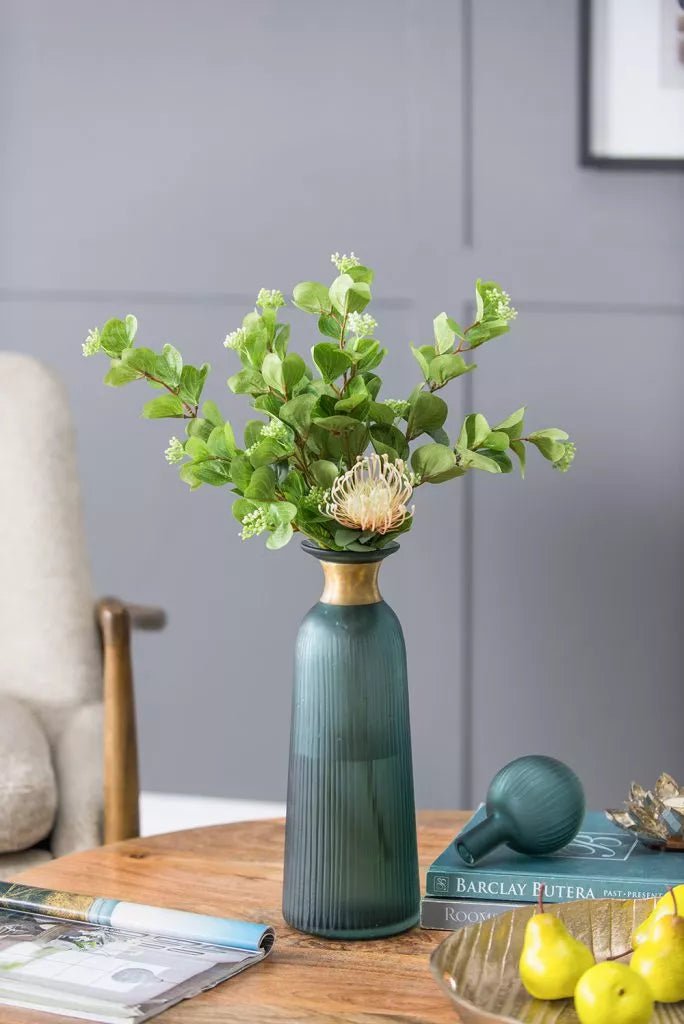 Teal Glass Vases Set with Gold Accents