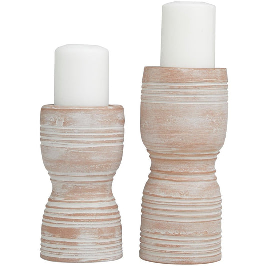 Whitewashed Ribbed Candle Holder Set