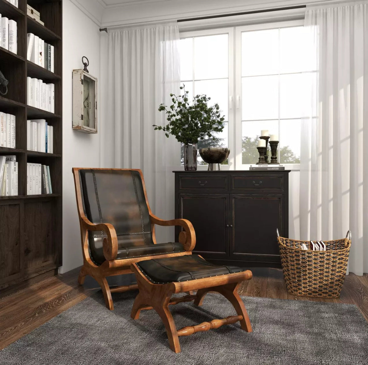 Wooden Upholstered Leather Armchair with Ottoman